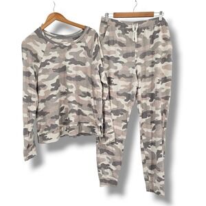 iRELAX Womens XL Beige Camouflage Loungewear Set Raglan Top Jogger Pants 2PC